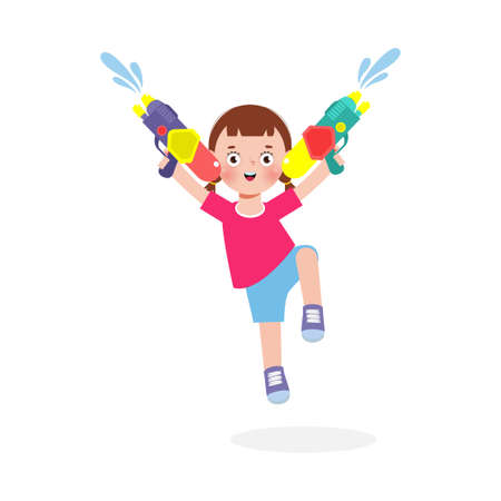 Songkran festival kids holding water gun and jumping enjoy splashing water in Songkran Thailand Traditional New Year's Day Vector Illustration isolated on white backgroundのイラスト素材