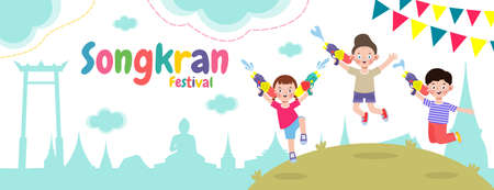 Songkran festival banner template kids holding water gun and jumping enjoy splashing water in Songkran festival, Thailand Traditional New Year's Day Vector Illustration isolated backgroundのイラスト素材