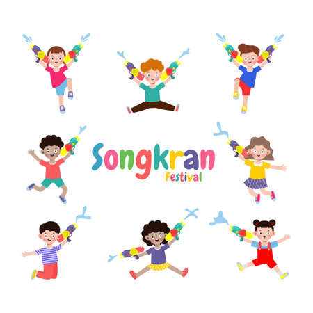 set of kids holding water gun and jumping enjoy splashing water in Songkran festival Thailand Traditional New Year's Day Vector Illustration isolated on white backgroundのイラスト素材