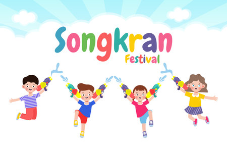 Songkran festival banner template kids holding water gun and jumping enjoy splashing water in Songkran festival, Thailand Traditional New Year's Day Vector Illustration isolated backgroundのイラスト素材
