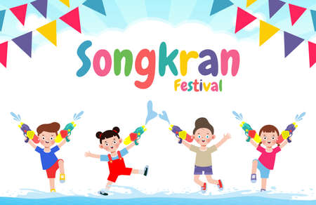 Songkran festival banner template kids holding water gun and jumping enjoy splashing water in Songkran festival, Thailand Traditional New Year's Day Vector Illustration isolated backgroundのイラスト素材