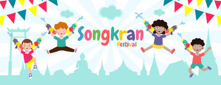 Songkran festival banner template kids holding water gun and jumping enjoy splashing water in Songkran festival, Thailand Traditional New Year's Day Vector Illustration isolated backgroundのイラスト素材