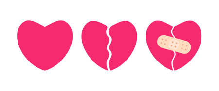 Set Of Cartoon heart, broken heart and crack fixed with bandage. Simple flat vector style clip art Breakup and heartbreak symbol isolated on white background vector illustration.のイラスト素材