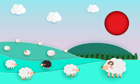 Herd of sheep on green pasture, Paper cut Style, elements of farming landscapes with sheep and natural pastel color scheme background flat design vector illustrationのイラスト素材