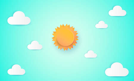 paper art of sun and cloud on blue sky. Paper cut style, abstract background composed of white paper clouds and sun, illustration vector background flat designのイラスト素材