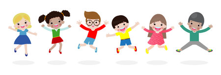 Kids jumping on the park, children jump with joy, happy cartoon child playing on the playground, isolated on white background Vector Illustrationのイラスト素材