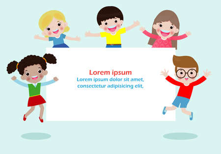 Happy children holding blank signs poster. Template for advertising brochure. Ready for your message. Space for text. cartoon kids character. Vector illustrationのイラスト素材