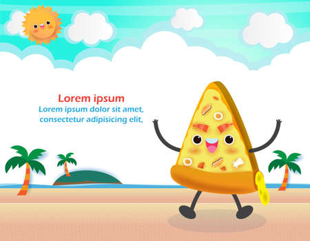 Pizza slice funny. Fastfood. Pizza poster design. Vector illustration cartoon character isolated on backgroundのイラスト素材