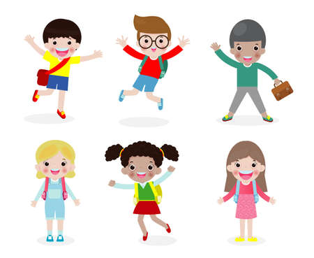 set of happy children go to school, back to school,education concept, school kids, isolated on white backgroundのイラスト素材