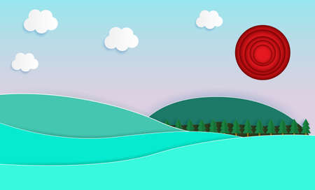 nature landscape background, Paper cut Style, beautiful summer and natural pastel color scheme background flat design vector illustrationのイラスト素材
