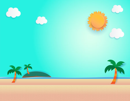 Beautiful sun rise at beach, sea view and sun rise seascape. paper cut and craft style. vector, illustration.のイラスト素材