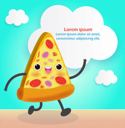 Pizza slice funny. Fastfood. Pizza poster design. Vector illustration cartoon character isolated on backgroundのイラスト素材