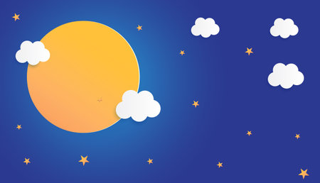 moon and stars in midnight, paper art style background flat design vector illustrationのイラスト素材