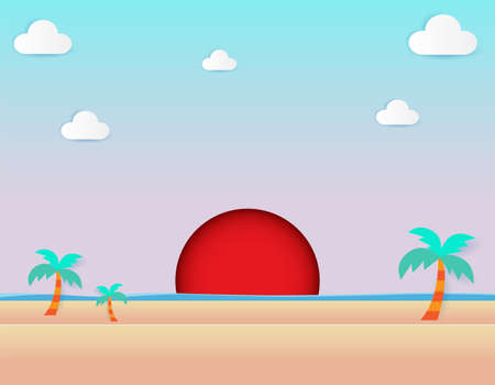 Beautiful sun rise at beach, sea view and sun rise seascape and natural pastel color scheme background flat design vector illustration . paper cut and craft style.のイラスト素材