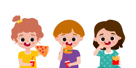 Vector Illustration Of Boys and girls eating fast food. kids eating pizza, french fries. children drinking cola and eating burger isolated on white backgroundのイラスト素材
