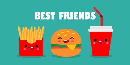 Vector Illustration Of Cute cartoon Happy hamburger, french fries, Cola,  Funny characters Best friends forever Concept food and drink poster isolated on white backgroundのイラスト素材