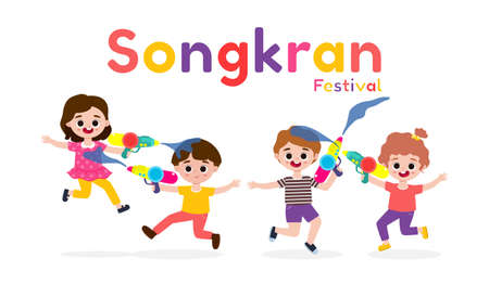 Songkran festival banner template kids holding water gun and jumping enjoy splashing water in Songkran festival, Thailand Traditional New Year's Day Vector Illustration isolated backgroundのイラスト素材