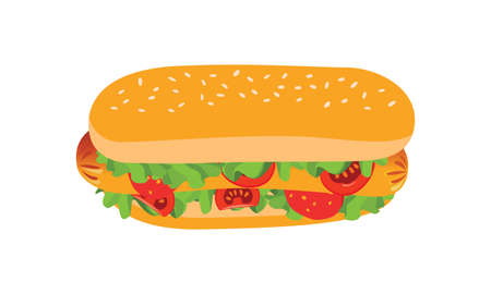 Vector Illustration Of  Sub style sandwich with Sausage, cheese, tomato and lettuce. Traditional deli sub vector clip art isolated on white backgroundのイラスト素材