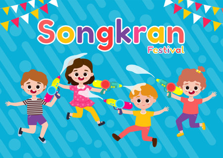 Songkran festival banner template kids holding water gun and jumping enjoy splashing water in Songkran festival, Thailand Traditional New Year's Day Vector Illustration isolated backgroundのイラスト素材