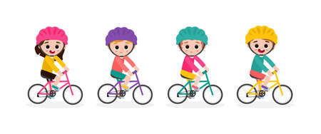 Happy kids on bicycles, Children riding bike,Kids riding bikes, Child riding bike, child on bicycle vector on white background,Illustration of a group of kids biking on a white backgroundのイラスト素材