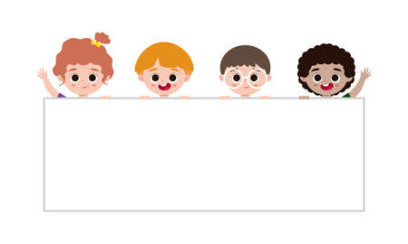 group children and sign board kids peeping behind placard, happy children, Cute little kids on white background,Vector Illustrationのイラスト素材