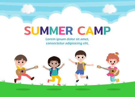 summer camp kids education concept Template for advertising brochure, activities on camping poster your text ,Vector Illustrationのイラスト素材