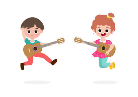 Vector Illustration Of Kids Playing Guitar isolated on white backgroundのイラスト素材