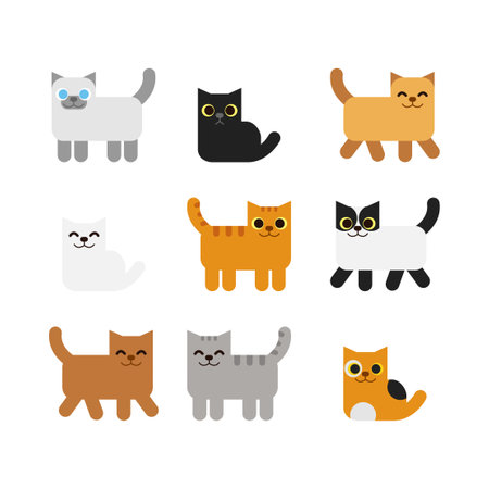 Vector illustration Of Different cartoon cats set. Simple modern geometric flat style isolated on white backgroundのイラスト素材