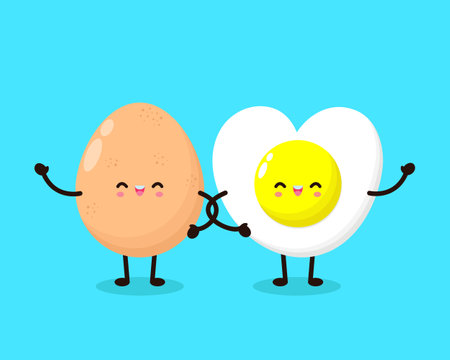 Funny cartoon cute smiling funny kawaii fried egg , healthy food concept, icon comic character Vector flat design illustration isolated on white backgroundのイラスト素材