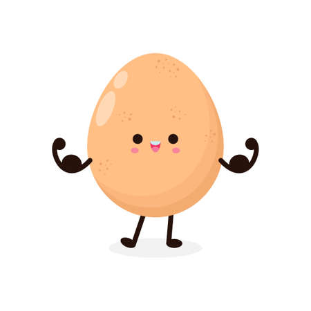 Funny cartoon Cute happy chicken egg show muscle, healthy food concept, icon comic character Vector flat design illustration isolated on white backgroundのイラスト素材