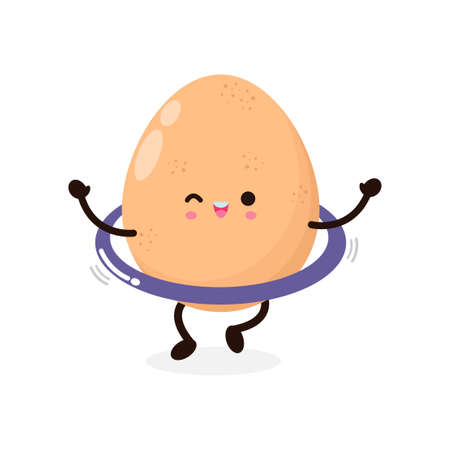 Funny cartoon Cute happy chicken egg playing hulahoop, healthy food concept, icon comic character Vector flat design illustration isolated on white backgroundのイラスト素材