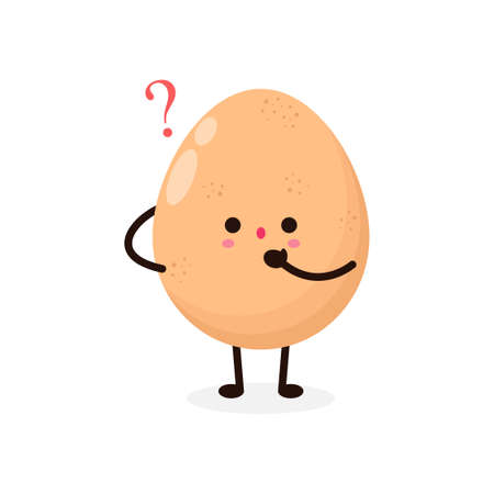 Funny cartoon Cute happy chicken egg with question marks, icon comic character Vector flat illustration isolated on white backgroundのイラスト素材