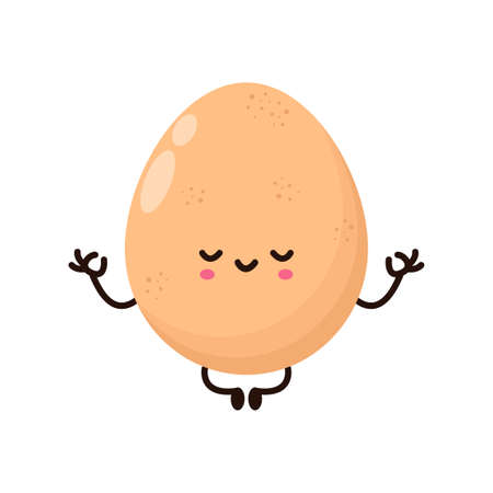 Funny cartoon egg levitating in lotus pose, Cute happy chicken egg meditate in yoga pose, icon cartoon character Vector flat illustration isolated on white backgroundのイラスト素材