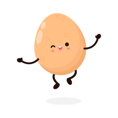 Funny cartoon Cute happy chicken egg jumping, healthy food concept, icon comic character Vector flat design illustration isolated on white backgroundのイラスト素材