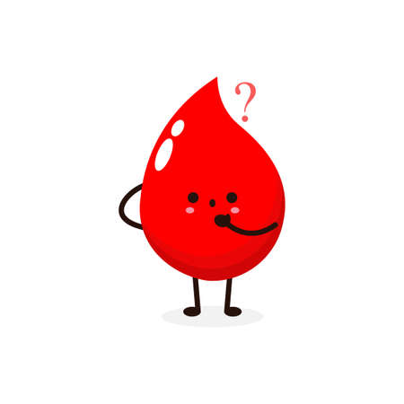 Funny cartoon Cute happy smiling blood drop with question mark, healthy concept, icon comic character Vector flat design illustration isolated on white backgroundのイラスト素材