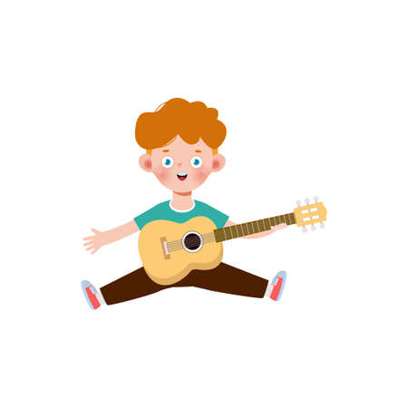 cute kid jumping playing guitar, happy children boy playing the guitar. Musical performance. isolated vector Illustration on white background. in cartoon flat styleのイラスト素材
