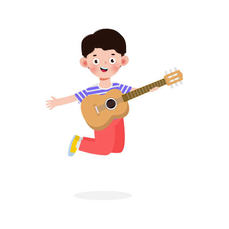 cute kid jumping playing guitar, happy children boy playing the guitar. Musical performance. isolated vector Illustration on white background. in cartoon flat styleのイラスト素材