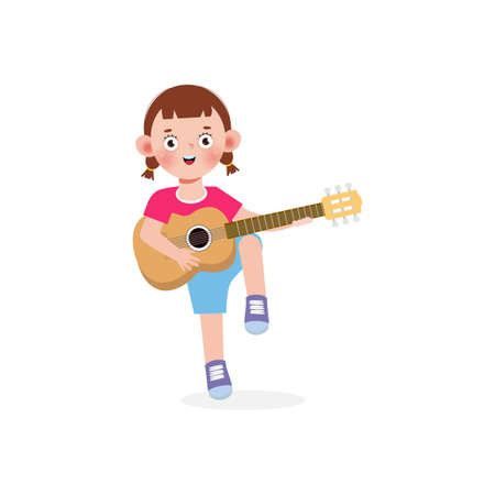 cute kid jumping playing guitar, happy children boy playing the guitar. Musical performance. isolated vector Illustration on white background. in cartoon flat styleのイラスト素材