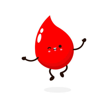 Funny cartoon Cute happy smiling blood drop kawaii jumping, World Blood Donor Day, healthy concept, icon comic character Vector flat design illustration isolated on white backgroundのイラスト素材