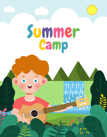 kids summer camp banner template background education for advertising brochure or poster, happy children doing activities on camping, poster flyer your text ,Vector Illustrationのイラスト素材