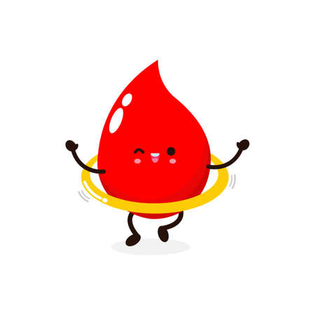 Funny cartoon Cute happy smiling blood drop playing hulahoop, World Blood Donor Day, healthy concept, icon comic character Vector flat design illustration isolated on white backgroundのイラスト素材