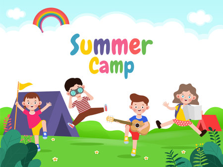 kids summer camp banner template background education for advertising brochure or poster, happy children doing activities on camping, poster flyer your text ,Vector Illustrationのイラスト素材