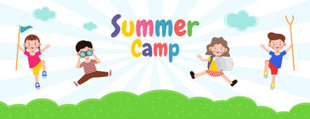 kids summer camp banner template background education for advertising brochure or poster, happy children doing activities on camping, poster flyer your text ,Vector Illustrationのイラスト素材