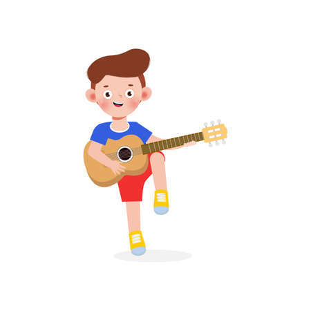 cute kid jumping playing guitar, happy children boy playing the guitar. Musical performance. isolated vector Illustration on white background. in cartoon flat styleのイラスト素材