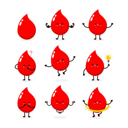 Set of collection funny cartoon cute happy blood drop, World Blood Donor Day, healthy concept, icon comic character Vector flat design illustration isolated on white backgroundのイラスト素材