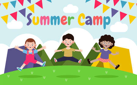 kids summer camp banner template background education for advertising brochure or poster, happy children doing activities on camping, poster flyer your text ,Vector Illustrationのイラスト素材