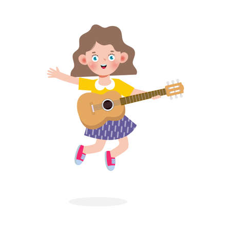 cute kid jumping playing guitar, happy children boy playing the guitar. Musical performance. isolated vector Illustration on white background. in cartoon flat styleのイラスト素材