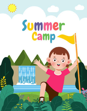 kids summer camp banner template background education for advertising brochure or poster, happy children doing activities on camping, poster flyer your text ,Vector Illustrationのイラスト素材