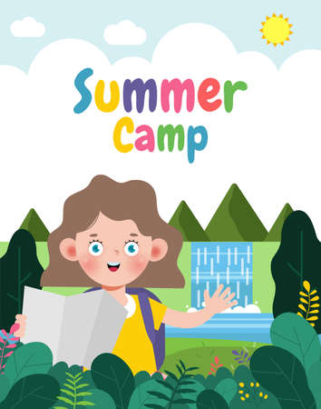 kids summer camp banner template background education for advertising brochure or poster, happy children doing activities on camping, poster flyer your text ,Vector Illustrationのイラスト素材