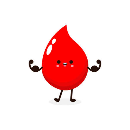 Funny cartoon Cute happy smiling blood drop show muscle, World Blood Donor Day, healthy concept, icon comic character Vector flat design illustration isolated on white backgroundのイラスト素材